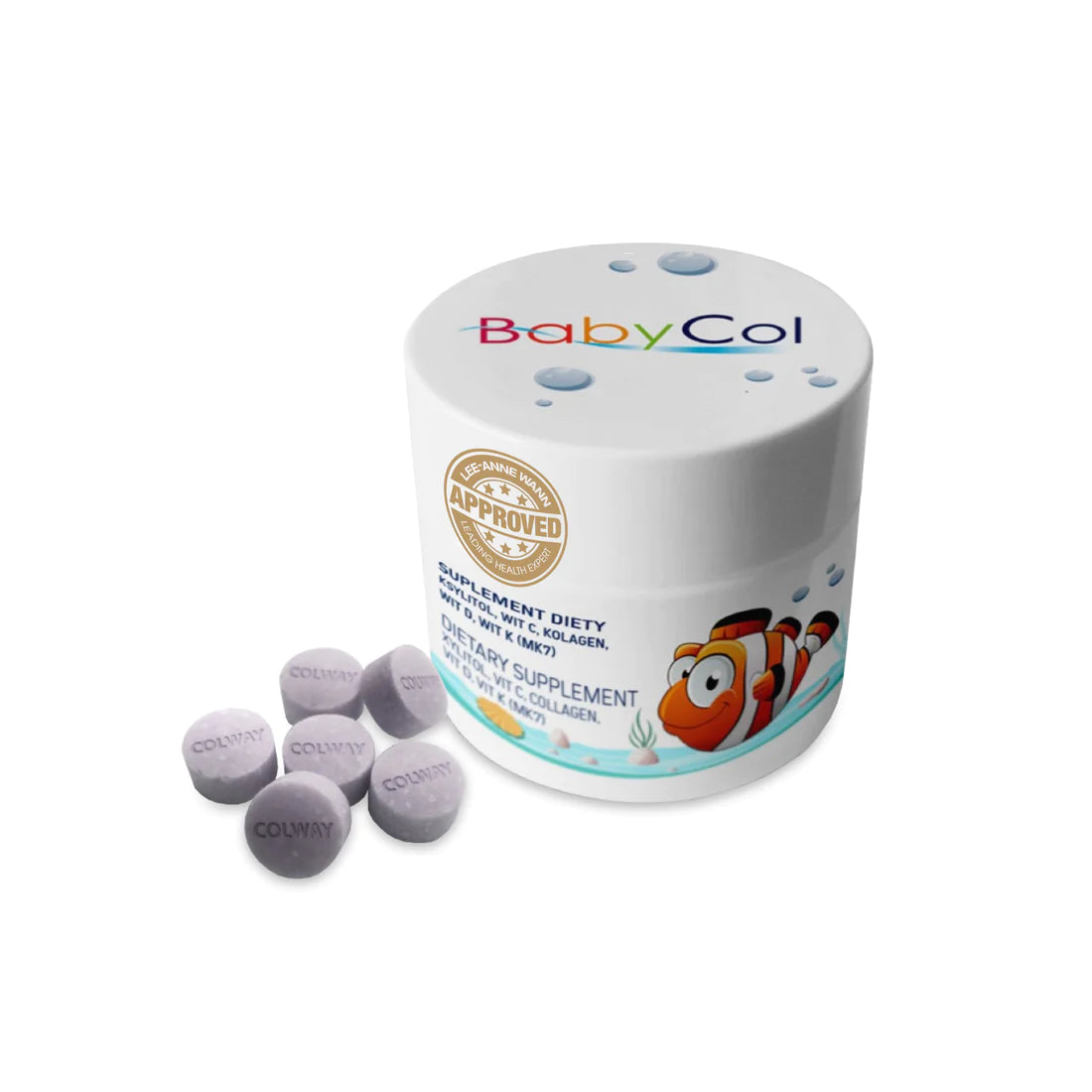 Babycol: Xilitol + Vit C, D, K + Colágeno para Niños - Masticable y Agradable Sabor Babycol: Xilitol + Vit C, D, K + Colágeno para Niños - Masticable y Agradable Sabor