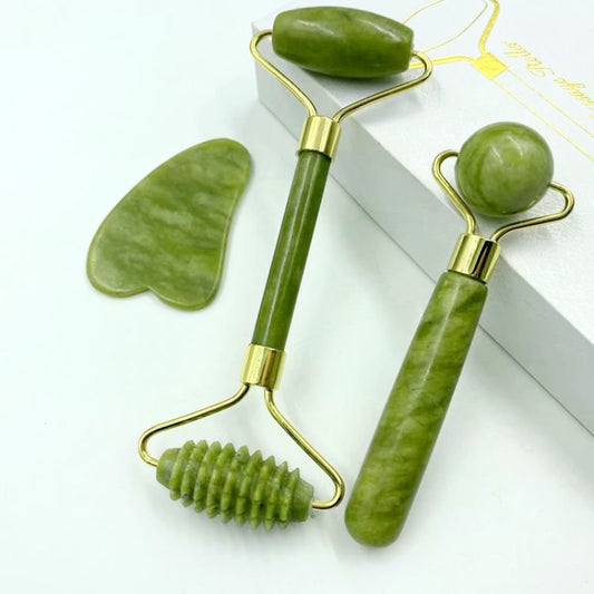 Set: 3 Rodillos de Jade Natural y 1 Masajeador Gua Sha