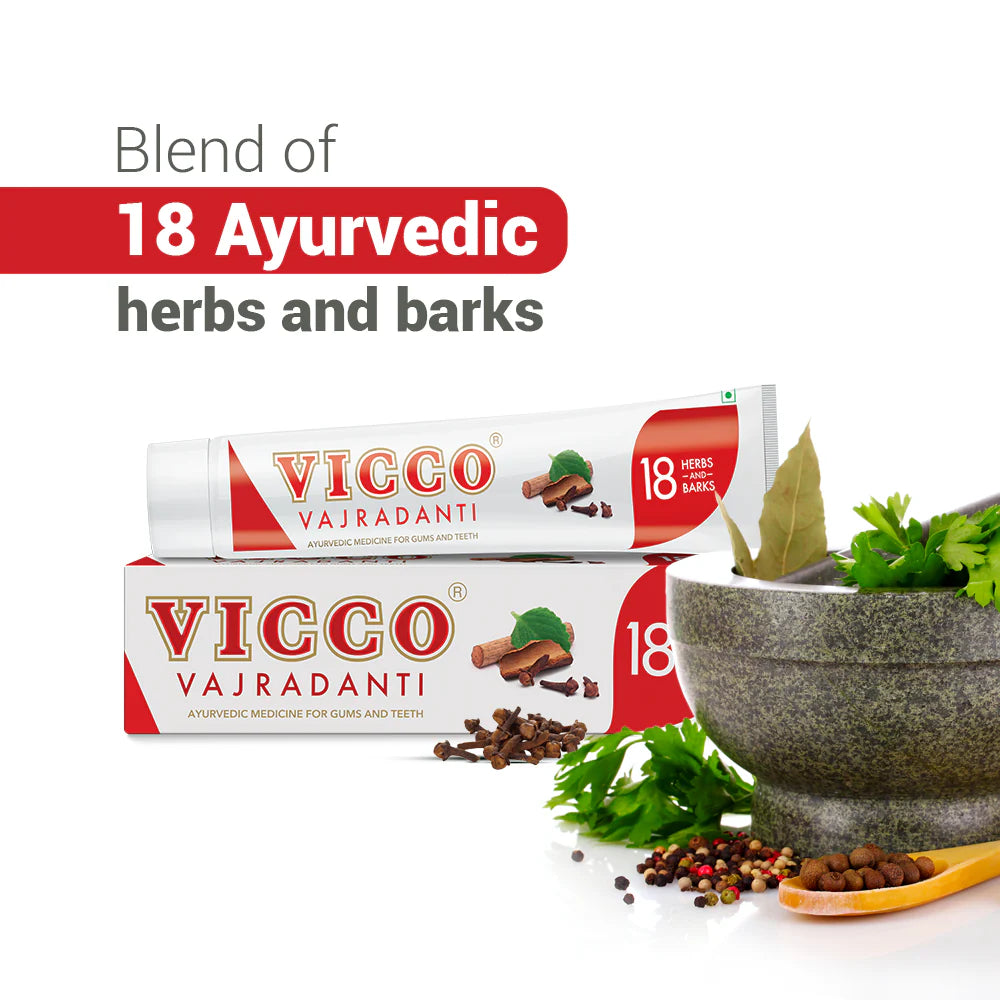 Vicco Vajradanti Dentifricio Ayurvedico - Combinazione di 18 Erbe e Cortecce Naturali, Proprietà Astringenti, Antisettiche e Analgesiche